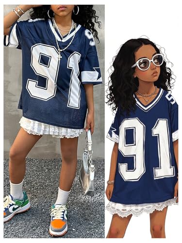 Image of BEAUDRM Girl's Jersey Shirts Leopard Number Print Jersey Shirt Cheetah V Neck Half Sleeve Oversized Tee Tops