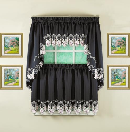 Today's Curtain Verona Reverse Embroidery Tier, 36", Black/Rose, 60" W X 36" L