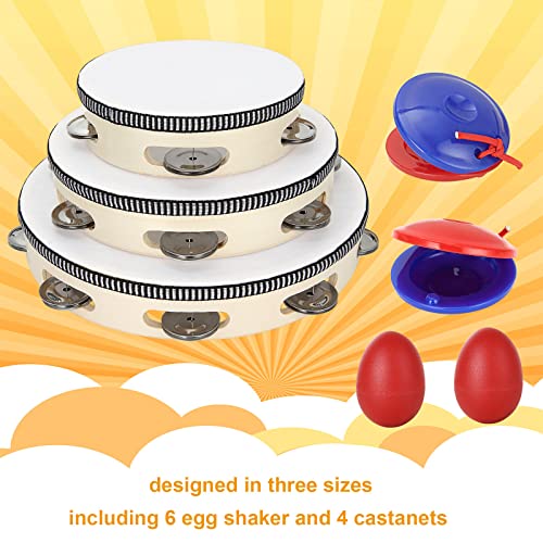 3 Pack Tambourine For Adults, 6”8”10”Metal Jingles Hand Held Tambourine Wooden Tambourine Drum Musical Percussion Instrument Hand Tambourine With 6 Egg Shaker, 4 Castanets For Ktv Party Church #TOP5