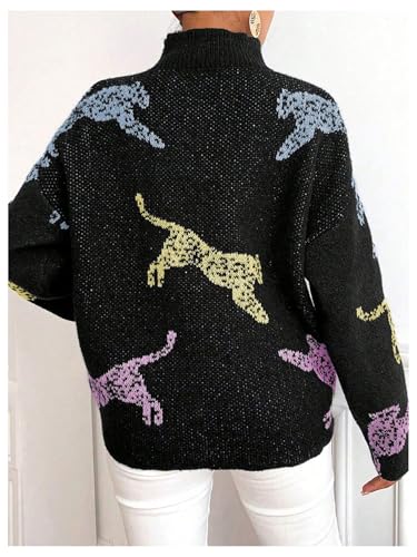 Image of WDIRARA Women's Leopard Tiger Print Sweater High Neck Long Sleeve Fuzzy Knitted Pullover Top