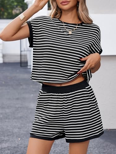 Image of Tankaneo Womens Summer 2 Piece Sets Striped Short Sleeve T Shirts and Shorts Loungewear Matching Set