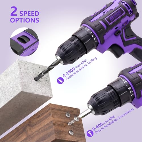 Image of Purple 20V Cordless Drill Electric Drill set, Electric Screwdriver with 2 Batteries & Charger, 3 /8 inch Keyless Chuck, 25+1 Torque 2-Speed Hammer Drill, Drill Bits Kit for Home DIY & Woodworking