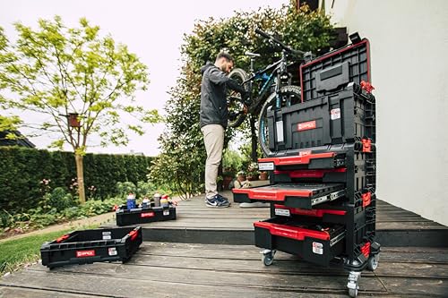 Qbrick - System PRO Cart 2.0 Plus BLACK - Mobile Cart on Wheels with 2 Drawers & Double, Removable Telescopic Handle and Comfortable Footrest – Tool Organiser Storage Trolley - Image 7