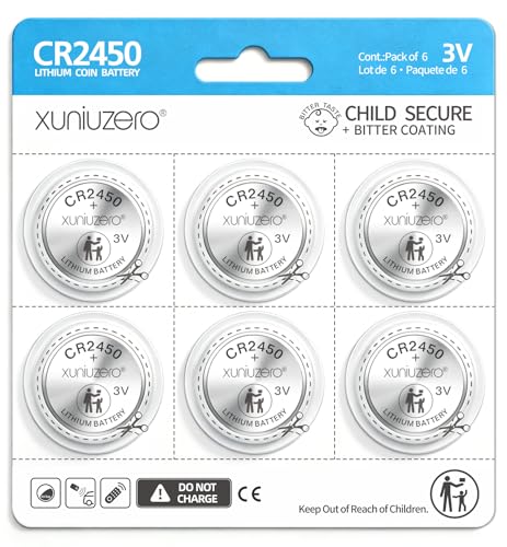 XUNIUZERO 6-Pack CR2450 Lithium Coin Cell Battery, 3 Volt, Long Lasting Power, Mercury-Free, Child-Safe Package