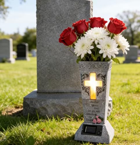 image for HUYIENO Solar Cemetery Vase for Grave Decor - Waterproof Memorial Flow