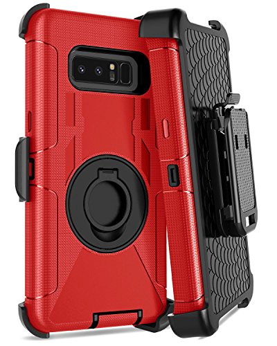 Dailylux Shockproof Case for Samsung Galaxy Note 8, Rugged Heavy Duty Hybrid Holster Rotating Swivel Protective Bumper Kickstand Cover with Belt Clip, Red + Black