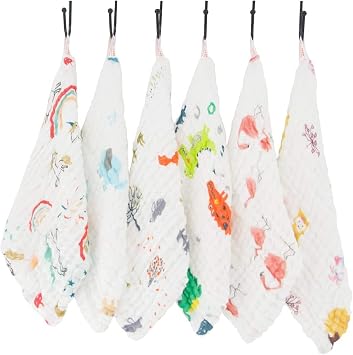 6-Pack Muslin Cotton Natural Baby Bath washcloth with Hook, 12"x12" Reusable Wipes, Baby Towels Extra Soft for Sensitive Skin