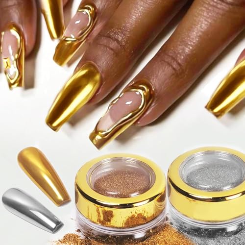 Nail Art Mirror Pigment Silver and Gold Chrome Nail Powder Kit Holographic Nail Glitters Shining Silver and Gold Nail Chrome Powder Set