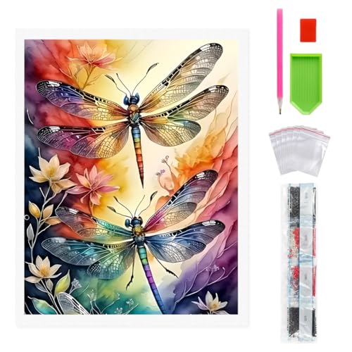 Image of HASTHIP DIY Diamond Painting Kit, Colorful Dragonfly DIY Diamond Art Canvas with Resin Rhinestones, Watercolor Floral Full Drill Craft Set, Sparkling Wall Decor Handmade Gift Kit, 40x30cm, No Frame