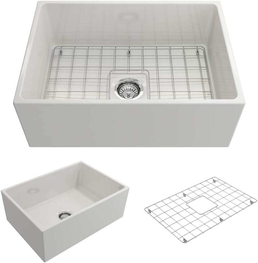 Best Quality 🔥 BOCCHI 1356-001-0120 Contempo Apron Front Fireclay 27 in. Single Bowl Kitchen Sink with Protective Bottom Grid and Strainer in White