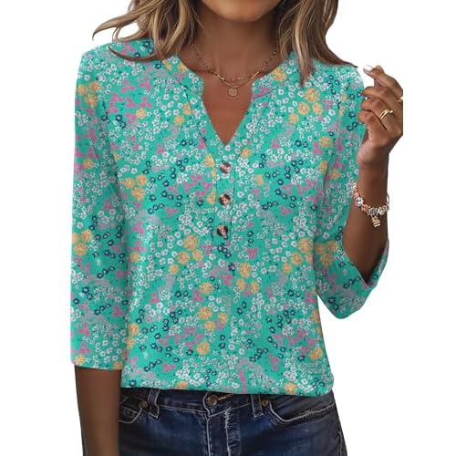 Rapbin Women's Tops V Neck 3/4 Sleeve Button Down Business Casual Blouses Fall Tunics Shirts Green Floral Print XX-Large