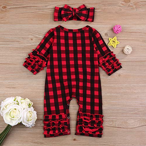 Grnshts Newborn Baby Girls Ruffle Romper Plaid Long Sleeve Jumpsuit One-Piece Coming Home Clothes With Headband thumb #2