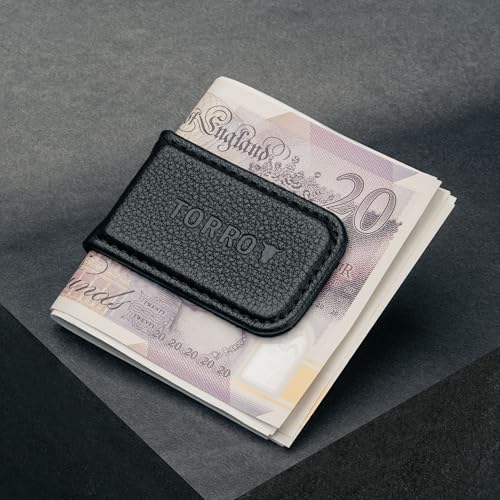 TORRO Skórzany Klips na Banknoty – Najwyższej Jakości Skórzany Magnetyczny Klips na Banknoty z Wyściółką z Mikrofibry (Czarny)