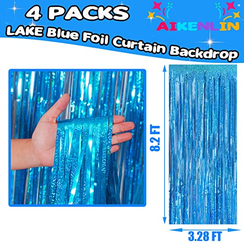 Image of 4 Pack 3.2Ft x 8.2Ft Lake Blue Foil Fringe Curtain Backdrop, Metallic Tinsel Foil Fringe Streamers Curtains Background for Photo Booth, Birthday, Wedding, Disco, Bachelorette, Christmas Party Decor