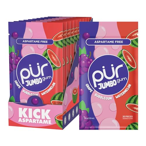 Image of PUR Jumbo Gum, Grape, Bubblegum, Watermelon, Xylitol Gum, 20 Count (Pack of 100)