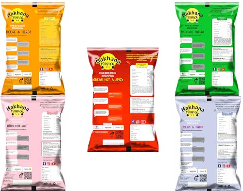 Image of Makhana Munch Roasted Makhana, Variety Pack, Cheese & Herbs, Korean Hot & Spicy, Natkhati Pudina, Himalayan Salt, Cream & Onion, Gluten Free, Low Fat (14g each) (Pack of 5)