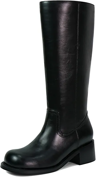 VBDB Tall Black Boots for Women Knee High Wide Calf Squate Toe Campus Boots Chunky Heel Long Riding Shoes for Women Size 10