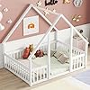Bellemave full floor bed for kids girls boys wood house bed frame house floor bed for kids full size montessori floor bed with fence playhouse for kids white  urban country home decor