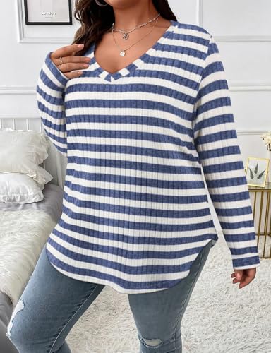 Image of Koscacy Women Plus Size Casual Knit Sweater V Neck Solid Color Tops Lightweight Long Sleeve Blouses