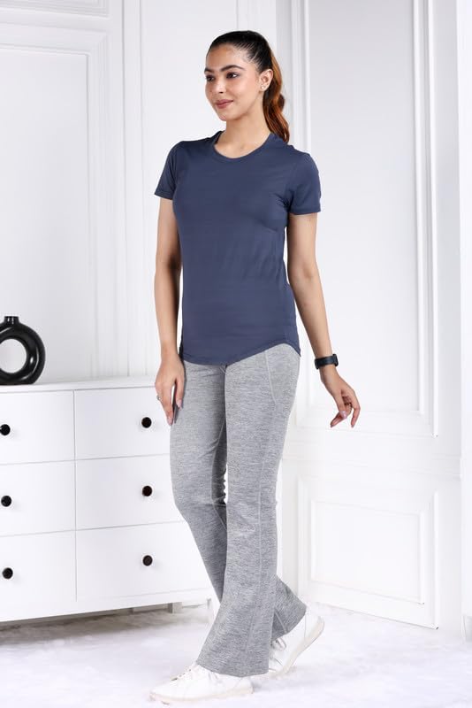 Image of Mlada Luxury Athleisure T Shirt Polyester Stretch Knit T-Shirt Full Length Moisture Wicking, Breathability, Compression for Gym, Workout and On-The-Move for Women