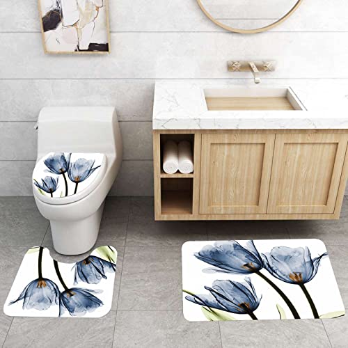 3-teilig Badematten Set, 3D Digitaldruck Blumen Badteppich Sets rutschfest Badvorleger Blau Waschbar U-Förmiger…
