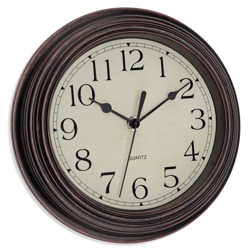 Image of Foxtop 9 Inch Wall Clock Battery Operated Silent Non-Ticking Small Classic Vintage Retro Wall Clock Decorative for Kitchen Living Room Home Office (Bronze)
