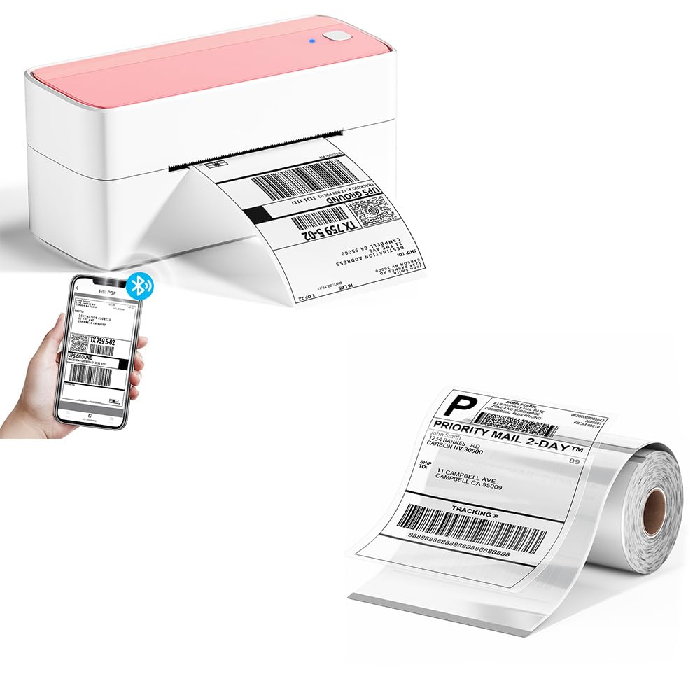 Phomemo Bluetooth Etikettendrucker mit 100 transparenten Etiketten Bundle, 4x6 Versandetiketten Drucker unterstützt DHL, DPD, UPS, Thermodrucker für E-Commerce & Kleinunternehmen, iOS & Android