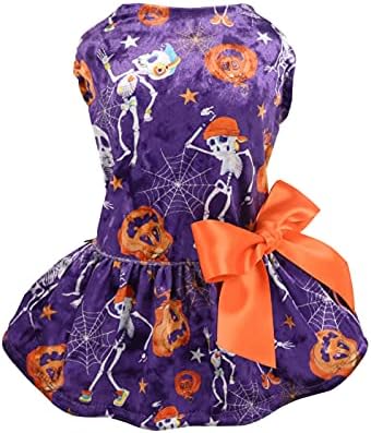 Fitwarm Halloween Skeleton Dog Costume Lightweight Velvet Dog Clothes Puppy Dress Doggie Party Girl One Piece with Bowknot Holiday Cat Outfits Purple Medium