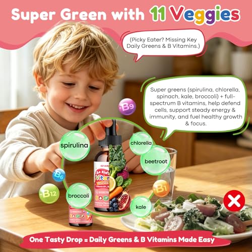 Vitamin B Complex for Kids with B1, B6, B9, B12 & Magnesium, Super Greens, Kids B Complex Supplement for Brain Support, Energy & Focus, Digestive Gut & Immune Support, Strawberry Flavor, 2 fl oz — view 3