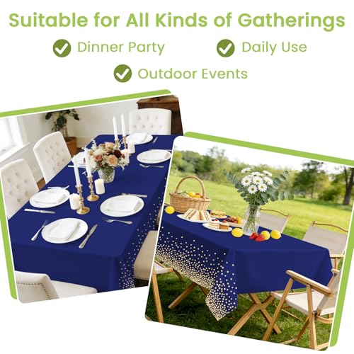 Image of 4 Pcs Navy Blue Plastic Tablecloth Gold Dot Blue Table Cloths, 54x108 inches Disposable Gold Dot Confetti Dark Blue Table Cover for Anniversary Friendsgiving Fine Dining Graduation Party Decoration