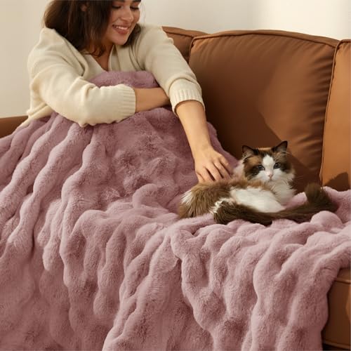 Bedsure GentleSoft Fluffy Faux Fur Blanket Twin Size, Fuzzy Soft Bubble Blanket for Couch, Home Decor Gifts for Bedroom Living Room, Thick Furry Cozy Gifts for Women, Dusty Rose, 60x80 Inch