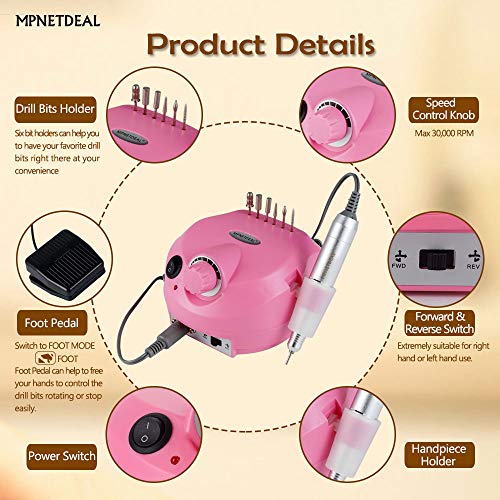 Torno eléctrico profesional para uñas MPNETDEAL 30000RPM rosa miniatura 3