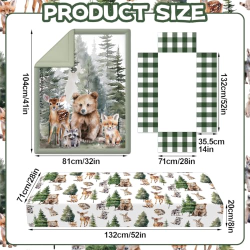 Image of Hahafelt 3 Pcs Woodland Animal Baby Crib Bedding Set for Boy | Includes Quilt, Fitted Sheet, Skirt, Soft Green Forest Bear Deer Nursery Bedding for Standard Infant Toddler Bed