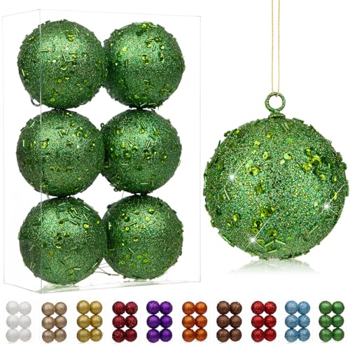Juego de 6 bolas decorativas para árbol de Navidad, 8 cm, con purpurina holográfica, decoraciones delicadas para árbol de Navidad, bodas, color verde