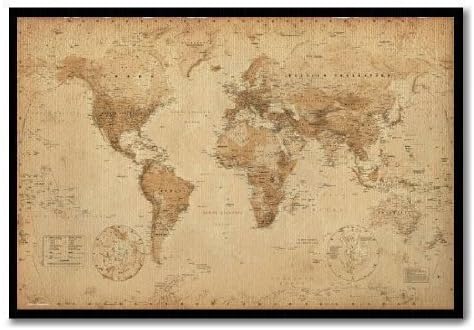 World Map Poster Ye Old Parchment Cork Pin Memo Board Black Framed - 96.5 x 66 cms (Approx 38 x 26 inches)