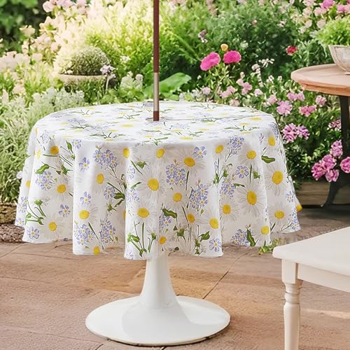 Round Outdoor Tablecloth 150cm - Wipeable Tablecloth with Parasol Hole and Zipper Garden Table Cloths Waterproof Table Cover Circular Table Cloth Wipe Clean for Round Table Patio Picnic White Daisy