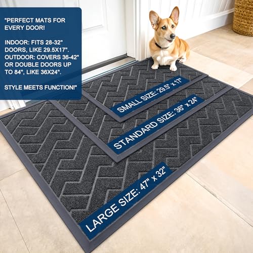 Image of OLANLY Front Door Mat Indoor Outdoor Entrance, Waterproof All-Season, All-Weather Doormat, Sturdy Natural Rubber, Low Profile, Easy Clean Patio Porch Entryway Mat, Herringbone Brick (Grey, 47x17)