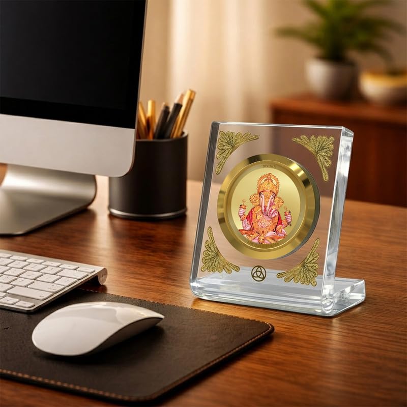 Image of DIVINITI 24K Gold Plated Lord Dagadu Ganesha Acrylic Frame for Car Dashboard, Home Temple & Office Table | Premium Spiritual Gift, Blessings for Protection & Positivity, 8x7 cm Decorative Showpiece