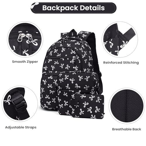 Image of Coquette Bow Backpack - Cute Kawaii Backpack Set Aesthetic Daypack Bow Rucksack (A03 Bow Black)