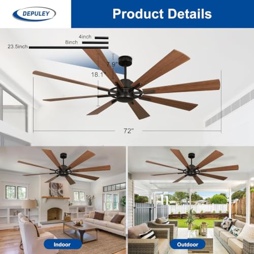 Image of Depuley Ceiling Fan Without Light: 72 Inch Big Indoor Outdoor Fan with Remote APP Control - Large Farmhouse Walnut Ceiling Fan no Light 8 Blade Reversible Quiet DC Motor Memory Function Timer