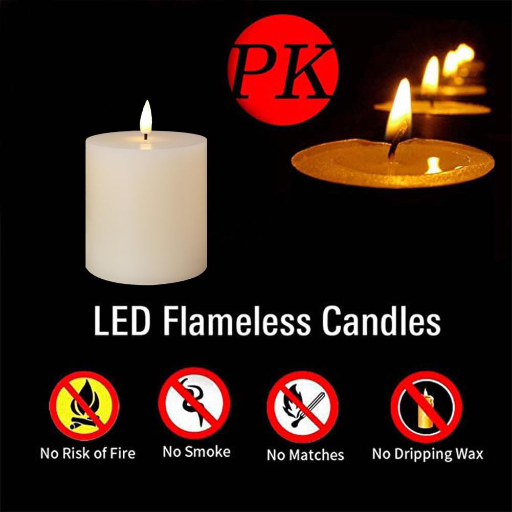 Only-us - Set di 3 candele bianche senza fiamma (7,6 x 7,6 cm) tremolanti LED a batteria con telecomando timer per camino, camera da letto, soggiorno, feste, piani