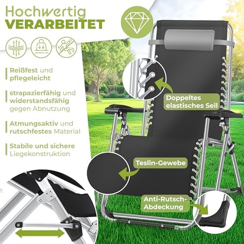 Bild 4 - KESSER® Sonnenliege Liegestuhl Klappbar & Wetterfest, Gartenstuhl Belastbar 200kg Ergonomisches Polster Extra Breit Verstellbare Rückenlehne Gartenliege inkl. Nackenkissen & Getränkehalter, Grau