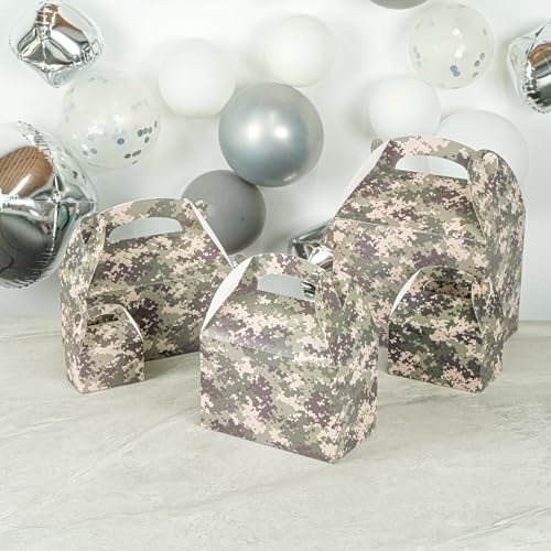 Restaurantware RWA1220BRG-25 Bio Tek 8.5 X 4.8 X 5.5 Inch Gable Boxes For Party Favors, 25 Attractive Gift Boxes - Camouflage Print, With Built-In Handle, Paper Barn Boxes thumb #8
