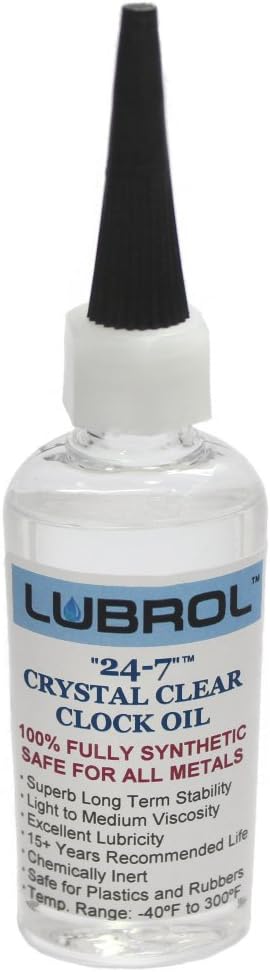 LUBROL "24-7" Crystal Clear Clock Oil, for All Type Clocks, Qty. 1 oz. - 30 mL, 100% Fully Synthetic, Exceptionally Pure, 15+ Years Life, for All Metals and Plastics.