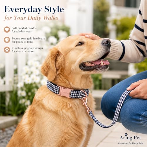 Image of ARING PET Boy Dog Collar for Puppy Small Medium Large Dogs-Navy Plaid S | Cute Male Navy White Gingham Heavy Duty Pet Collars with Metal Buckle for XS S M L XL Dogs, for Daily Walk Trip Outings