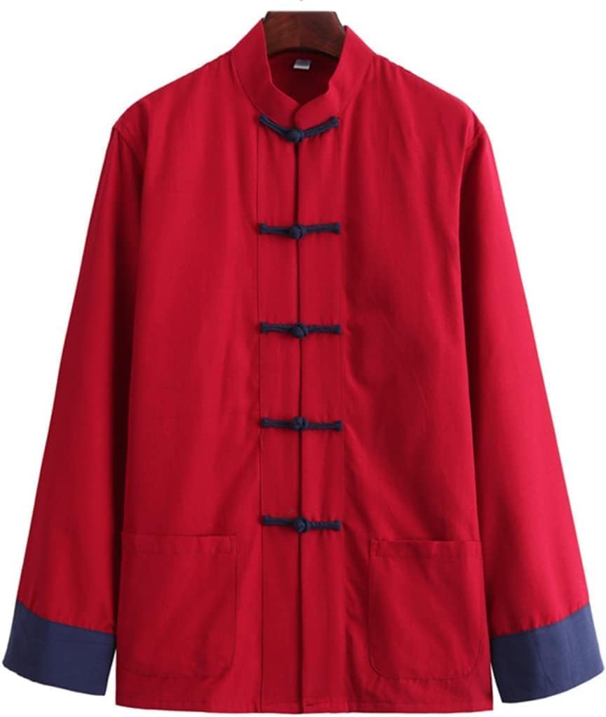 Cotton Linen Tai Chi Uniform Tang Suit Men Hanfu Chinese Traditional Clothing Martial Arts Clothes Kung Fu Uniform Breathable Long Sleeved Coat Tops Shirt Jacket, Red, M