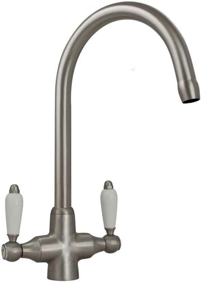 Colonial Brushed Steel & White Ceramic Handle Kitchen Sink Mixer Tap