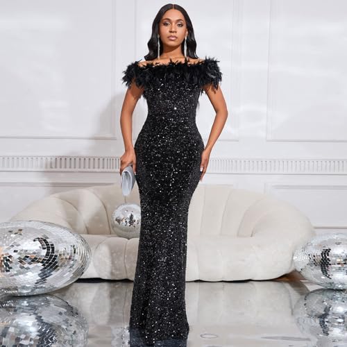 Cololura Women Elegant Sexy Sequin Off Shoulder Mermaid Bodycon Cocktail Evening Party Maxi Dress2