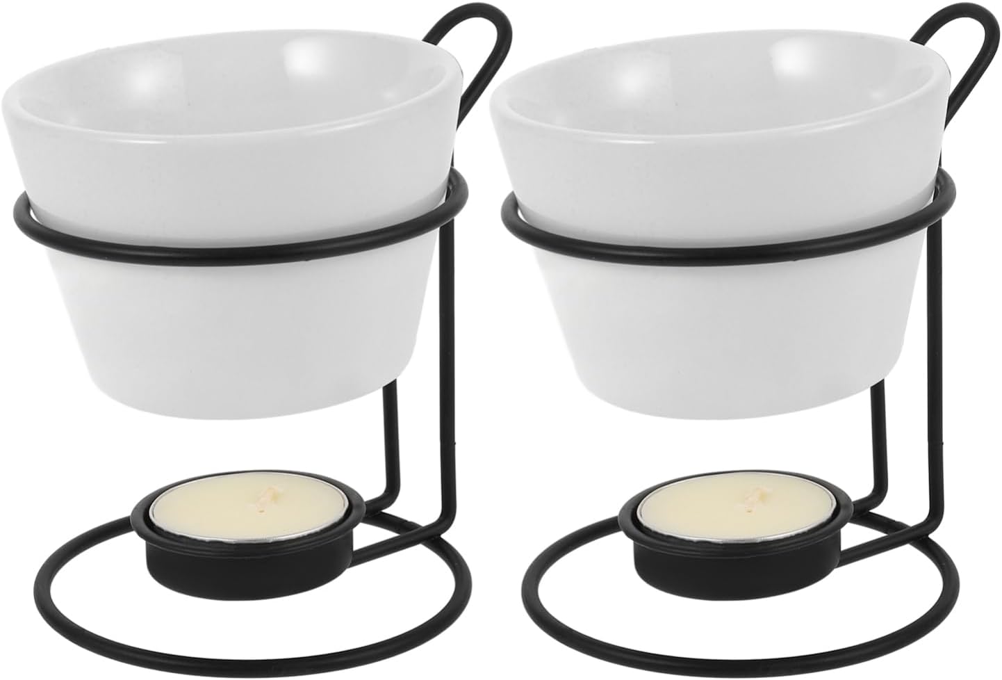 2sets Ceramic Butter Warmer Set with Forks for Melting Cheese Chocolate and Seafood Ceramic Fondue Pot with Iron Stand Lightweight and Portable Melting Pot for Parties