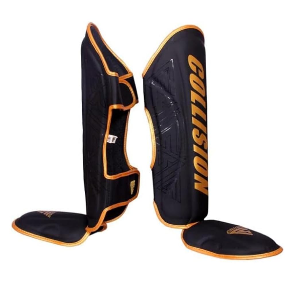 Collision Sports MMA Foam Padded Shin Guards Kickboxing Muay Thai, Martial Arts Training Gear Sparring Training Gear Karate Boxing Taekwondo Pads. (Small, Golden/Black)
